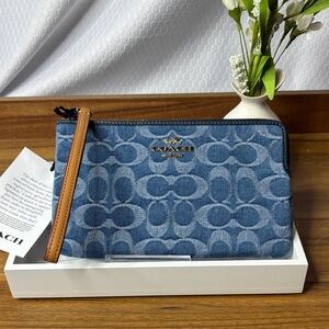 Coach Large Corner Zip Signature Denim Wristlet - Sustainable Line NWT